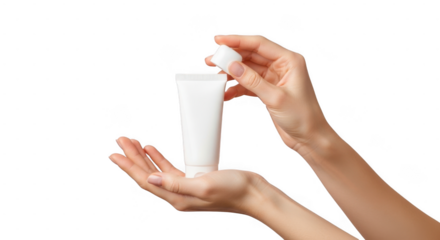 Person pumping liquid from bottle into hand isolated on transparent background