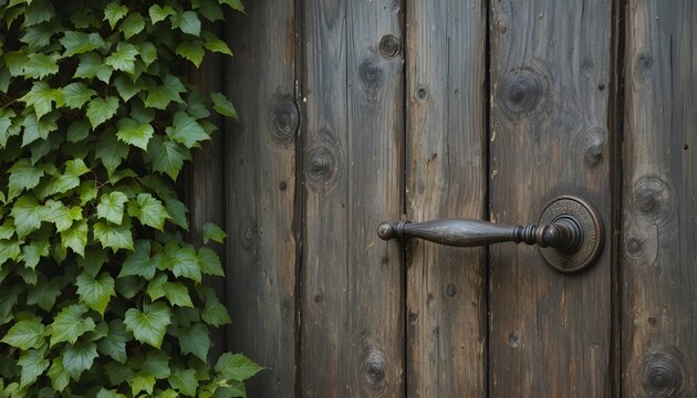 Rustic farmhouse door with vintage handle and climbing ivy plants