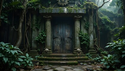 Ancient temple stone door covered with moss, mysterious jungle atmosphere