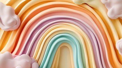 Soft pastel rainbow curves with fluffy clouds create a dreamy sky.