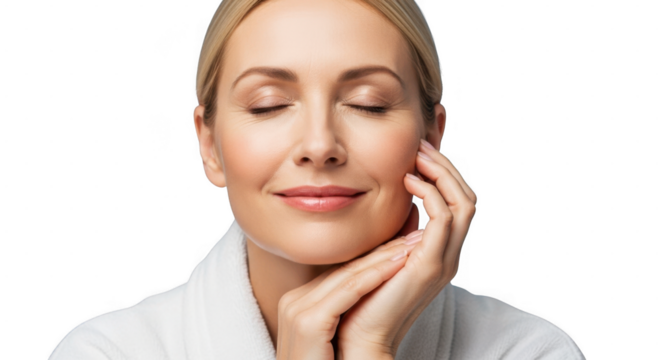 Mature woman with eyes closed touching face, relaxed expression isolated on transparent background