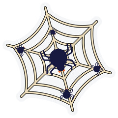 Cute cartoon illustration of a spider web with several dark spiders crawling on it, perfect for Halloween, spooky art, or decoration design.