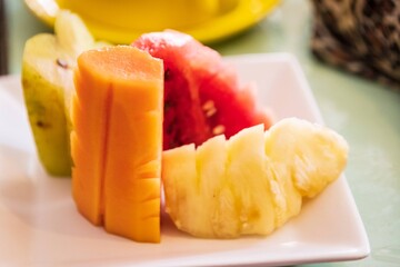 Tropical Palette: Vibrant Sliced Fruits on White Plate in Sunny Setting