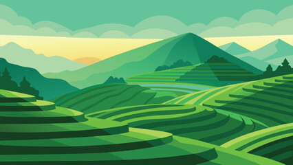 Green mountain landscape with hills meadow and blue sky in summer countryside scenery vector illustration