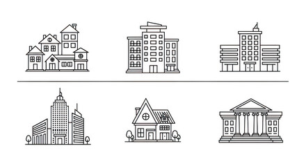 Naklejka premium Six black and white line art illustrations of different building styles isolated on transparent background