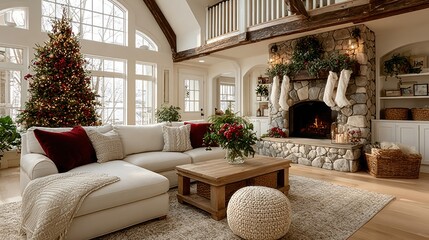 Cozy Christmas Living Room Interior with Decorated Tree and Fireplace