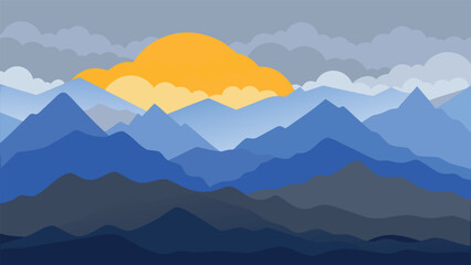 Naklejka premium Misty mountain landscape with clouds and forest in the morning light