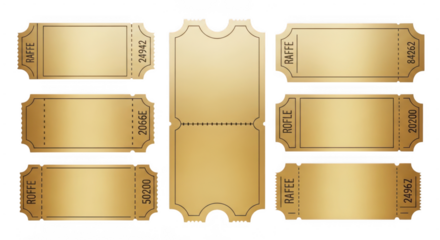 Collection of golden ticket stubs isolated on transparent background with various shapes and sizes