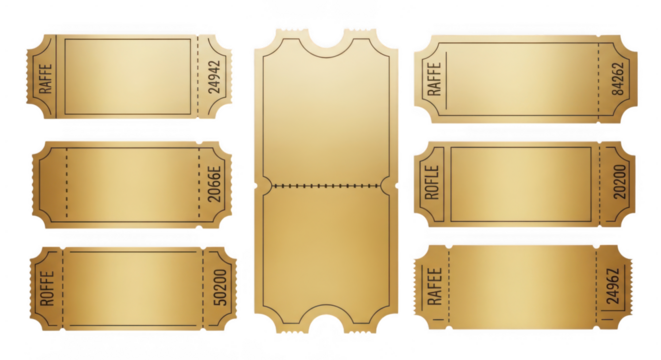 Collection of golden ticket stubs isolated on transparent background with various shapes and sizes