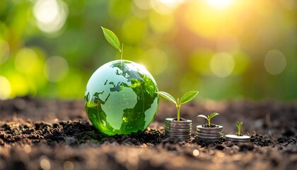 Green Earth globe on soil with seedlings and coins, representing sustainable investment