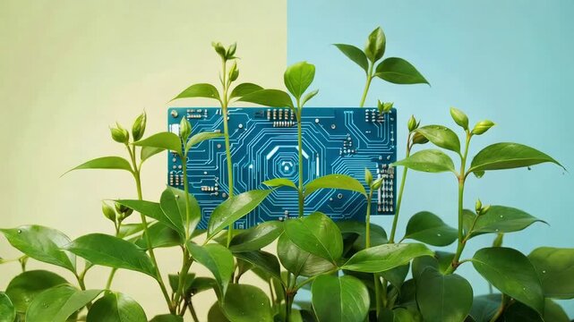 Circuit board surrounded by vibrant green plants against a split background showcasing technology and nature's harmony in a conceptual design