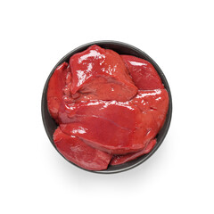 Bowl with raw liver on white background