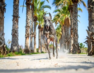 Grey dog running in a palm tree lined path