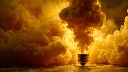 An illuminated lightbulb is engulfed by bright yellow smoke.