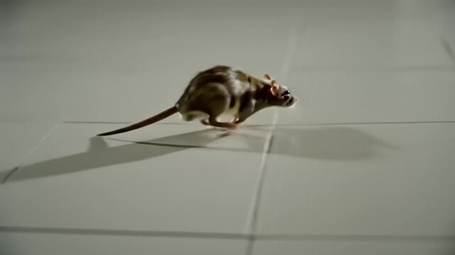 Rat running indoors with tile floor.