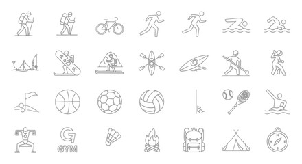Fototapeta premium Vector illustration showcasing various outdoor activities and sports including hiking, swimming, and camping
