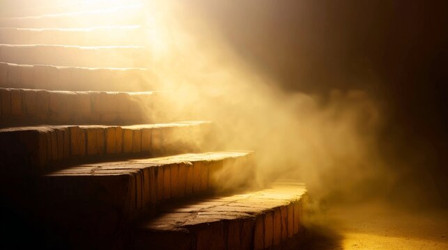 ascent. Stone staircase bathed in sunlight, creating a dramatic contrast with atmospheric haze and a low-angle view. real-estate listings.
