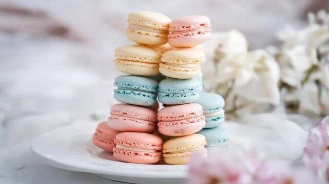Colorful stack of macarons on a white plate against a blurred background