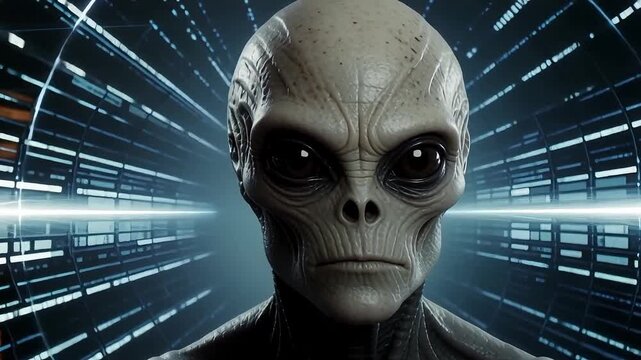 Alien encounter with glowing blue eyes and futuristic tech, mysterious and otherworldly