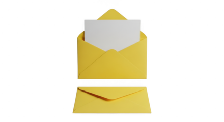 Open and closed yellow envelopes with letter inside isolated on transparent background