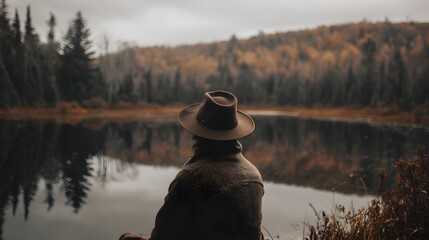 Person in hat observes tranquil forest lake during autumn.