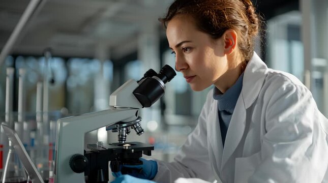 Focused female scientist examining samples through a microscope in a modern laboratory with daylight streaming through windows, symbolizing innovation, biotechnology research, and advanced medical sci