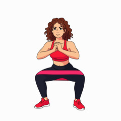 A woman with curly hair performs a squat exercise with a resistance band, promoting fitness and healthy lifestyle choices for wellness.