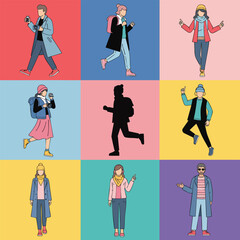 Naklejka premium Collection of diverse cartoon characters in stylish modern outfits including a running silhouette.