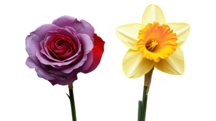 Purple rose and yellow daffodil isolated on transparent background