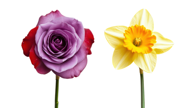 Purple and red rose next to yellow daffodil isolated on transparent background