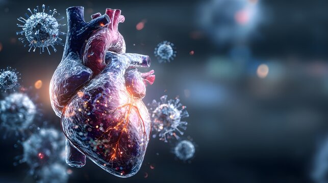 Diseased heart surrounded by microscopic virus particles in dark background.