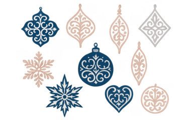 Christmas ornaments collection featuring intricate snowflakes and festive shapes