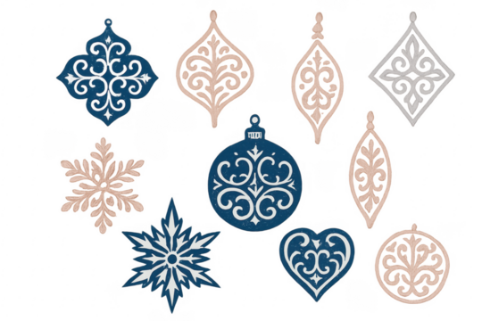 Christmas ornaments collection featuring intricate snowflakes and festive shapes