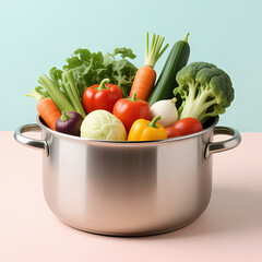 A large pot filled with vegetables, on a soft pastel background.