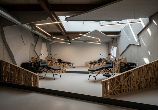90's deconstructivism architectural design Tattoo Studio with Concrete Walls and Splintered Wood Partitions