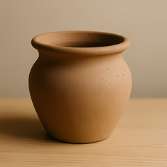 A rustic clay pot on a plain wooden surface, natural tones.
