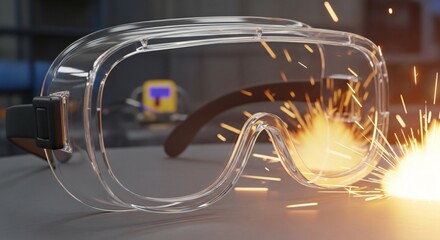 A pair of clear 3D cartoon safety goggles with a sturdy frame, effectively shielding from bright yellow and orange welding sparks, Eye protection in the workplace concept