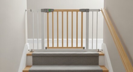A modern 3D cartoon baby safety gate securely locked in place at the top of a staircase, Child home safety and fall prevention concept