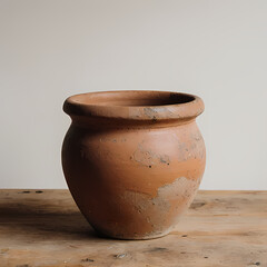 A rustic clay pot on a plain wooden surface, natural tones.