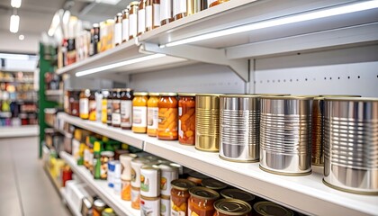 Grocery store shelves filled with canned and jarred goods