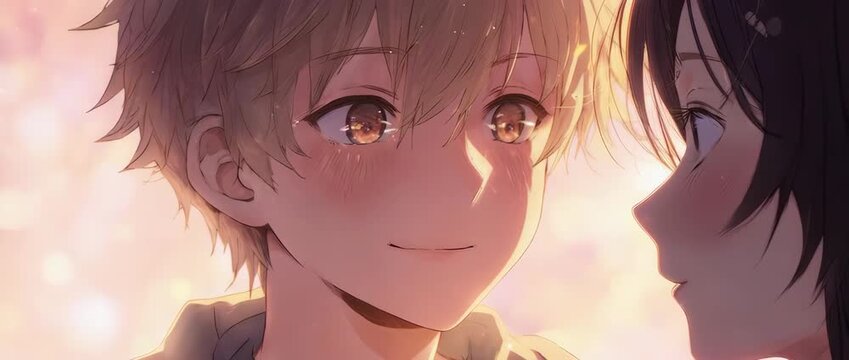 A tender and romantic close-up of an anime boy with a gentle, loving gaze. Soft smiles and affectionate eyes, bathed in warm pink and gold tones, create a deeply romantic atmosphere.