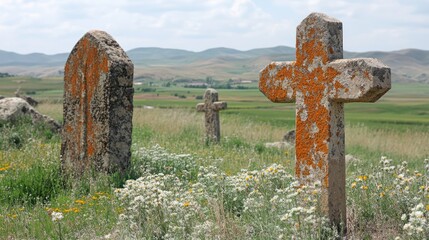Weathered stone crosses in a field of wildflowers, with rolling hills in the distance