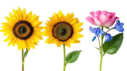 Obraz premium Three beautiful flowers including two sunflowers and a pink rose isolated on transparent background