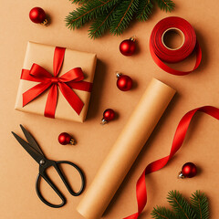Elegant Holiday Flat Lay with Scissors and Red Ribbon