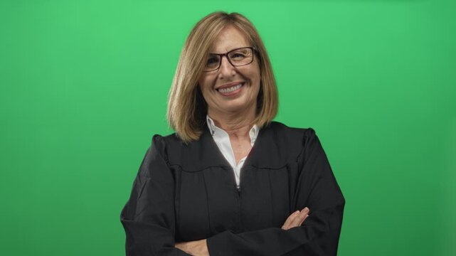 Caucasian woman judge in black robe and glasses stands arms crossed in green studio setting; confident.