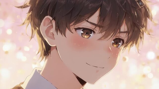 A tender and romantic close-up of an anime boy with a gentle, loving gaze. Soft smiles and affectionate eyes, bathed in warm pink and gold tones, create a deeply romantic atmosphere.