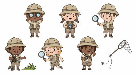 Seven cartoon children dressed as explorers with safari hats, magnifying glasses, binoculars, and a net, ready for adventure.