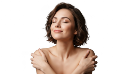 Young woman hugging herself with eyes closed, smiling peacefully isolated on transparent background