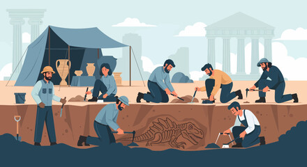 A group of archaeologists excavate a site, uncovering ancient artifacts under a tent near classical ruins, using tools to carefully unearth a fossil.