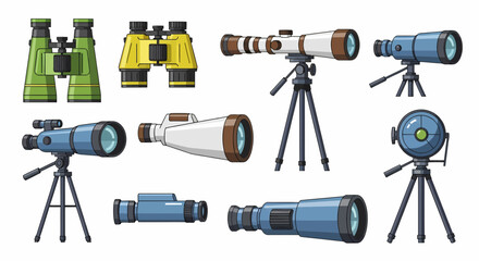 Illustration of various optical instruments including binoculars and telescopes, some on tripods, in green, yellow, white, and blue colors.